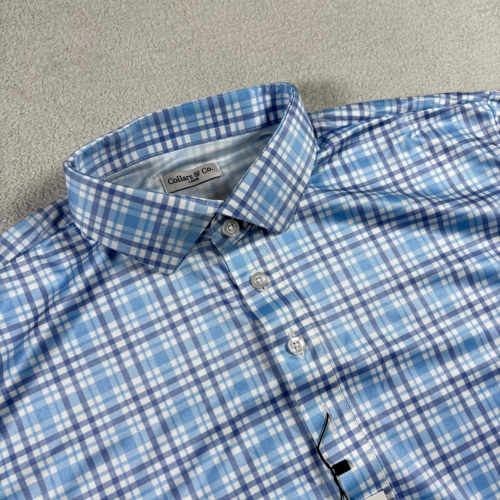 Collars & Co. Dress Collar Polo Shirt Men Large Blue Gingham Check 4 Way Stretch